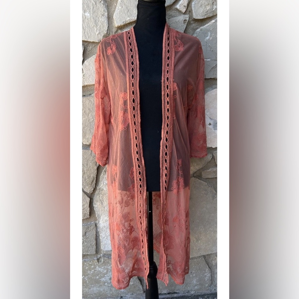 rue 21 Lace Kimono Cardigan Duster Small Rust Burnt Orange Embroidered Boho